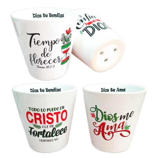 Producto - PROMO Porta Maceta De Loza Blanco Con Texto Color (PACK X2 UNIDADES)