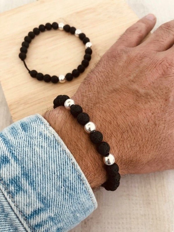 Producto - Pulse de Hombre piedras volcánicas + bolas Plata 925 de hilo black modelo 2