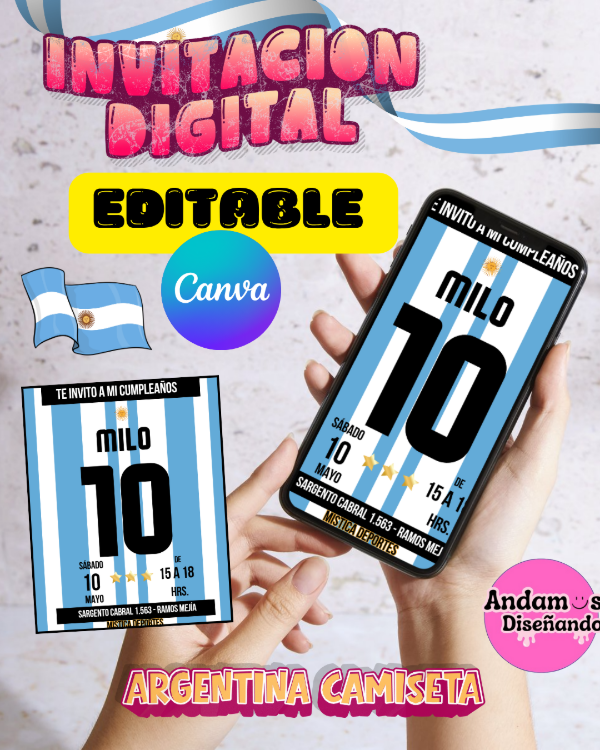 Producto - INVITACIÓN DIGITAL EDITABLES EN CANVA. CAMISETA DE ARGENTINA