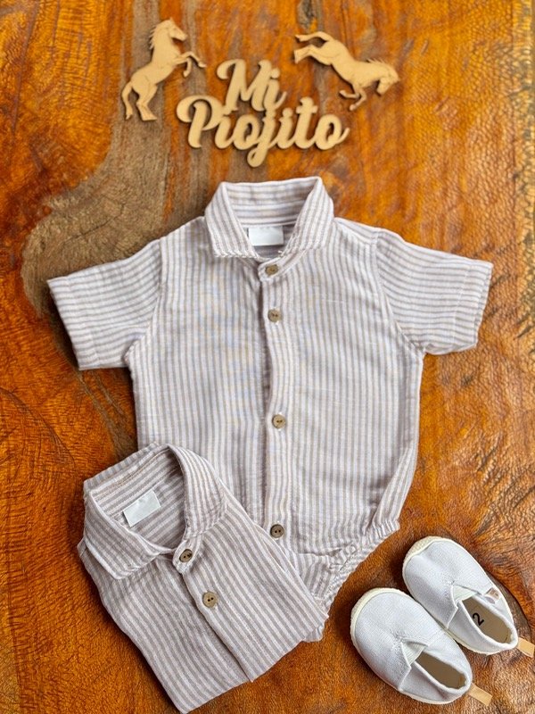 Producto - Body Camisa Rayado Beige Claro M.C