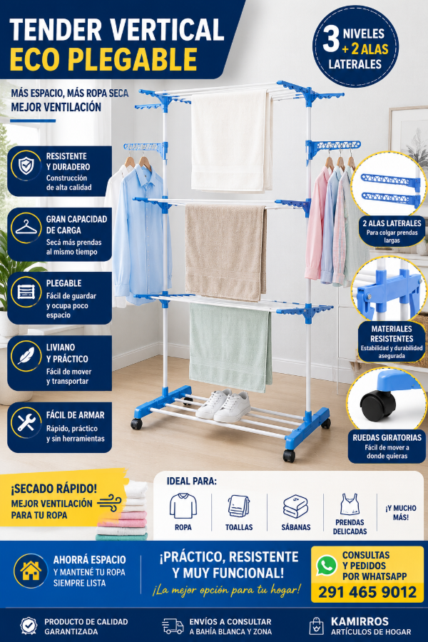 Producto - TENDER DE ROPA VERTICAL 3 NIVELES CON RUEDAS