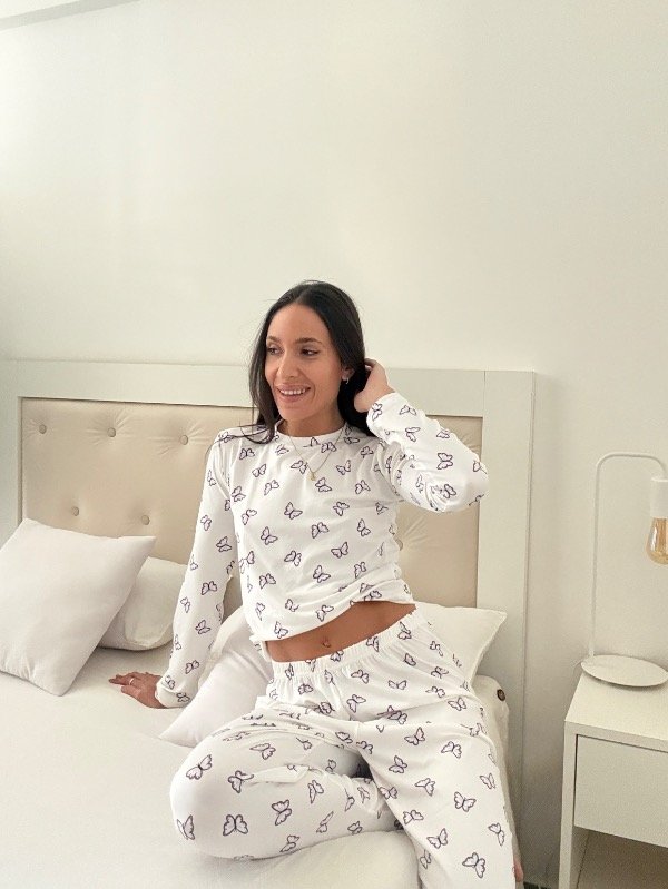 Producto - Pijama algodón Soft blanco con mariposas