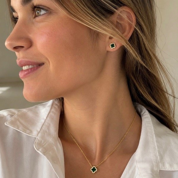 Producto - Collar más aros Trebol piedra malaquita con cubic en Plata 925 Dorado - 1