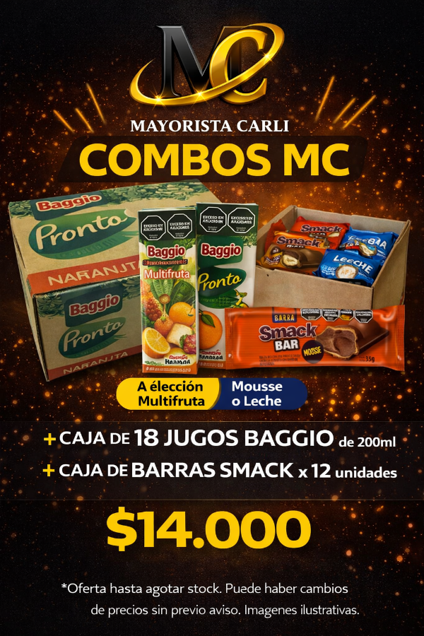 Producto - Combos MC Caja de 18 Jugos Baggio 200 cc + Caja Barra Bar Smack x 12