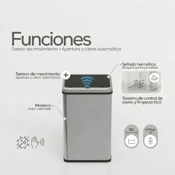Producto - Tacho De Basura Inteligente Apertura Sensor Acero Inoxidable 50L y 30L Plateado - 3