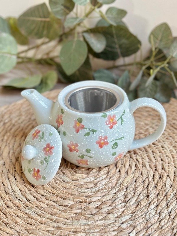 Producto - Tetera de Ceramica + Infusor Diseño Poema de Flores - 17.5 x 10.5 x10.5 cm - 0