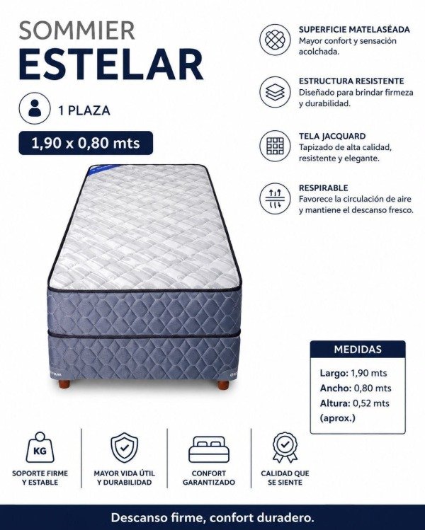 Producto - CONJUNTO ESTELAR SOMMIER + COLCHÓN ALYA 190 X 80 + 1 ALMOHADA DE REGALO