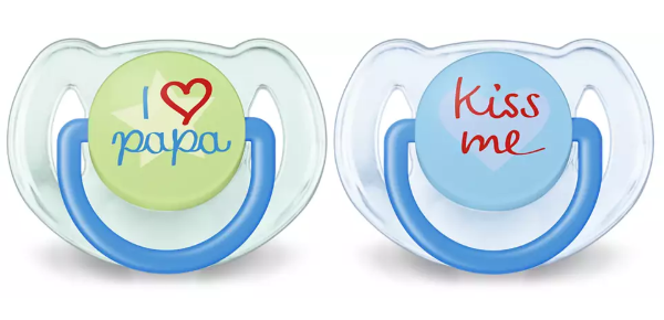 Producto - Kit 2 Chupetes Fashion Classic con tapa y estuche AVENT I LOVE PAPA. 6-18m.