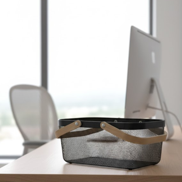 Producto - CANASTO ORGANIZADOR METALICO  NEGRO 40X25 MANIJAS DE BAMBOO