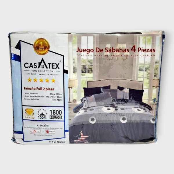 Producto - Juego de Sábanas 2 1/2 plazas Casatex 1800 hilos Gris y azul con circulo