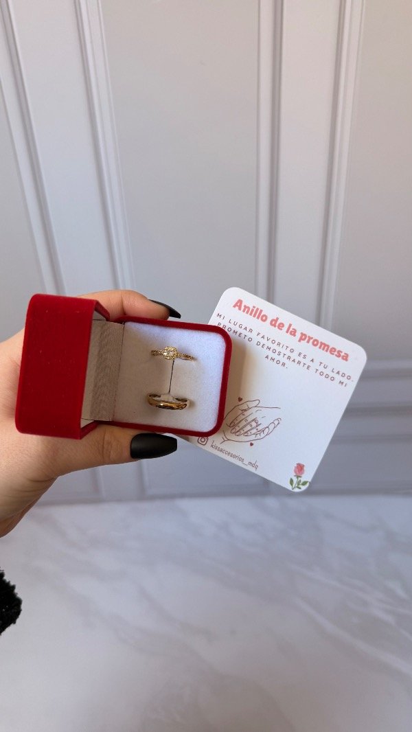 Producto - Caja de anillos de la promesa - alianza + Anillo cuadrado de cubics dorado - 0