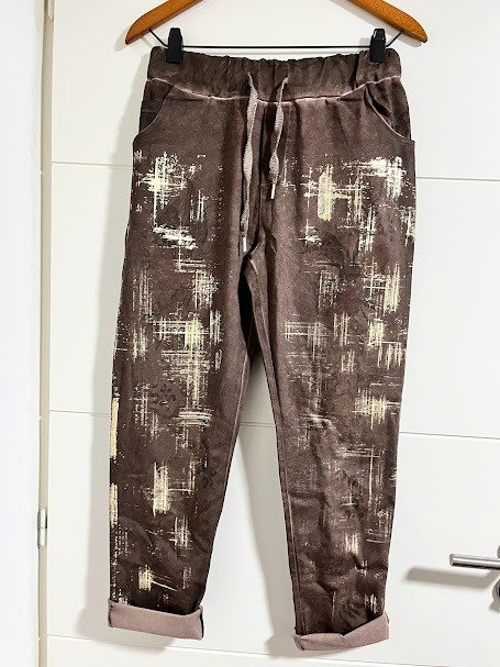 Producto - Pantalon Babucha Moda Italiana Elastizada Chocolate y Metalizado Dorado 44-46