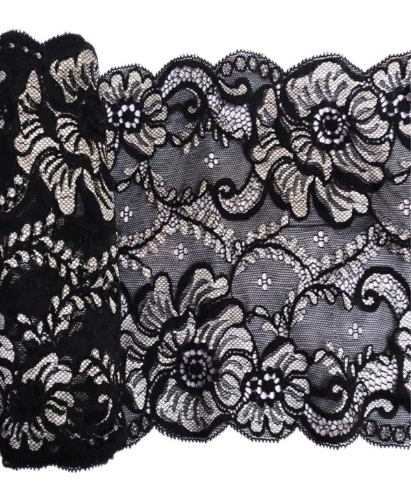 Producto - Puntilla elastizada combinada negro con plata 18cm