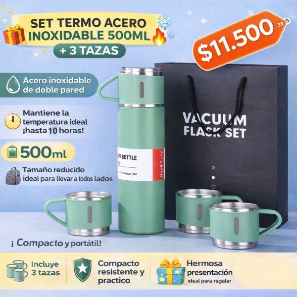Producto - SET TERMO ACERO. INOX. MAS 3 TAZAS ACERO INOXIDABLE 500ML IDEAL REGALO