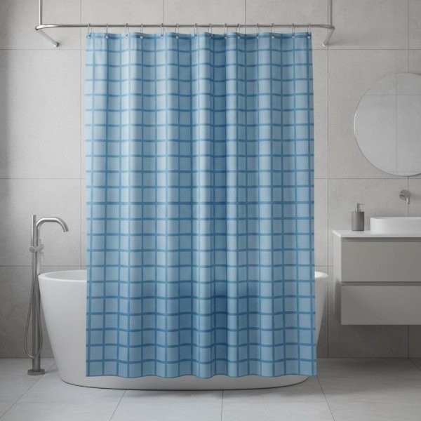 Producto - CORTINA PARA BAÑO, DOBLE LÍNEA ENCAJE "CELESTE CUADROS BLANCOS"