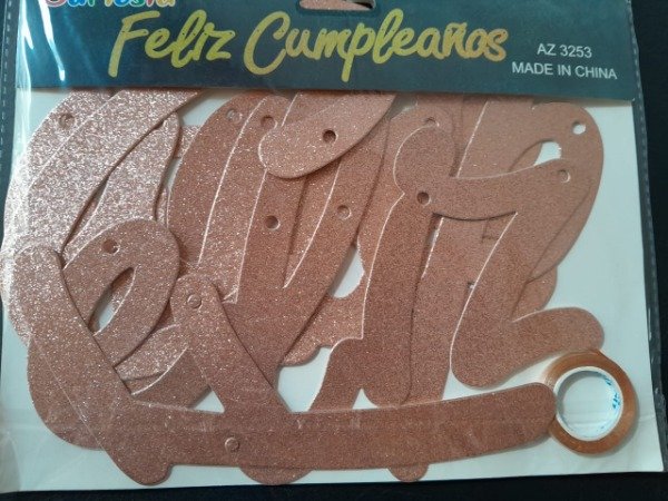 Producto - Letras Feliz cumpleaños rosa gold con gibré