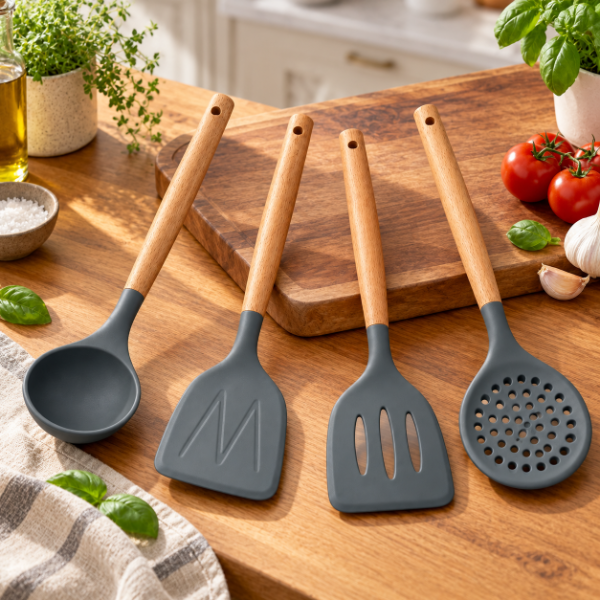 Producto - SET DE 4 UTENSILIOS DE SILICONA Y MADERA PREMIUM 33CM X 8CM - 0