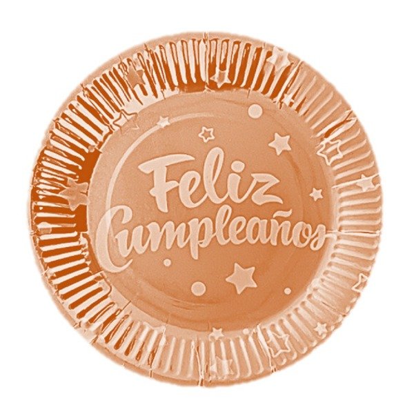 Producto - Plato metalizado impreso FELIZ CUMPLE x10un color rosa gold letra blanca