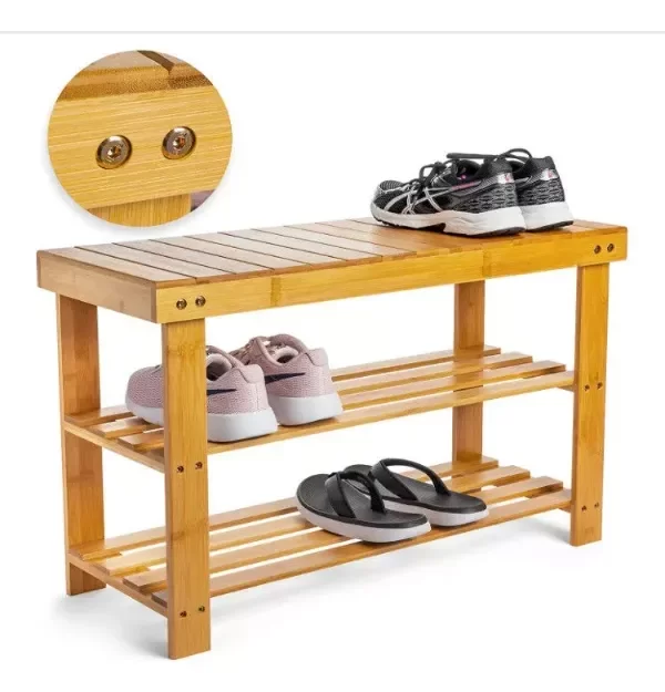 Producto - Zapatero Estante Banco Almacenamiento Bambú 3 Niveles 70cm