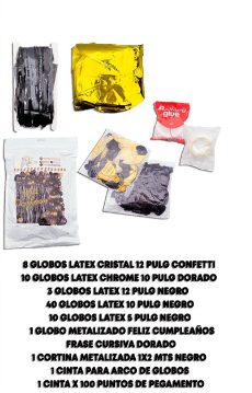 Producto - SET GUIRNALDA GLOBOS CORTINA METAL. FELIZ CUMPLEAÑOS CONFETTI NEGRO/DORADO 75PCS