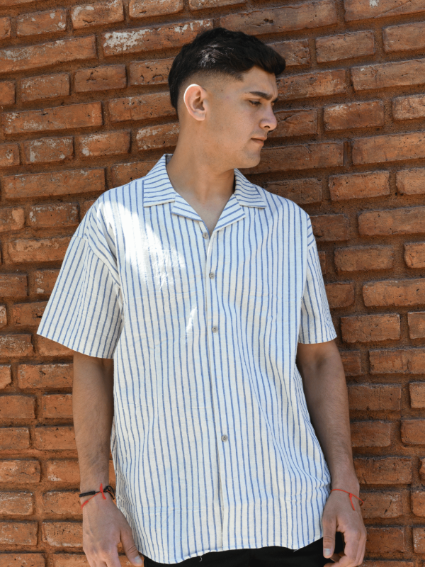 Producto - Camisa de lino celeste rayada Krabi - 0