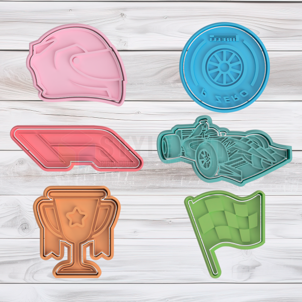 Producto - Formula 1 Cortantes para galletas  Casco, rueda, auto, trofeo, bandera