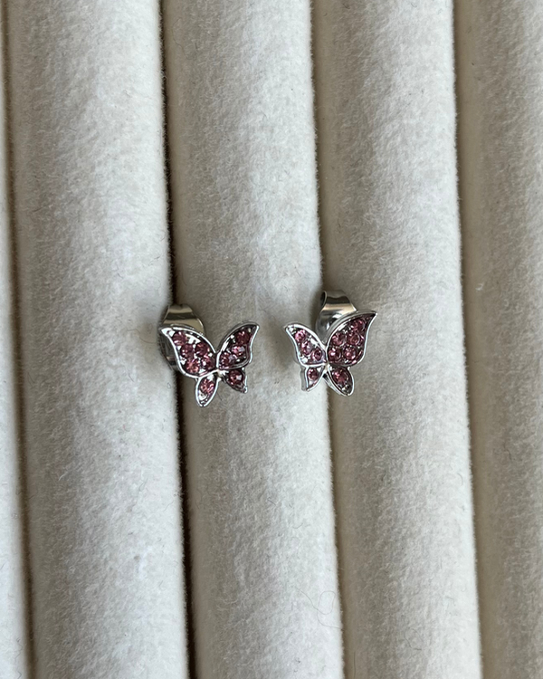 Producto - Aros mariposa strass rosa de bronce bañado con pasante de acero quirúrgico