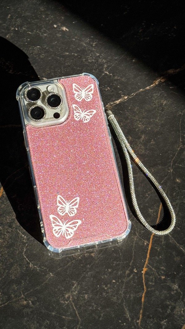 Producto - Case mariposas + filmina glitter rosa (sin colgante)
