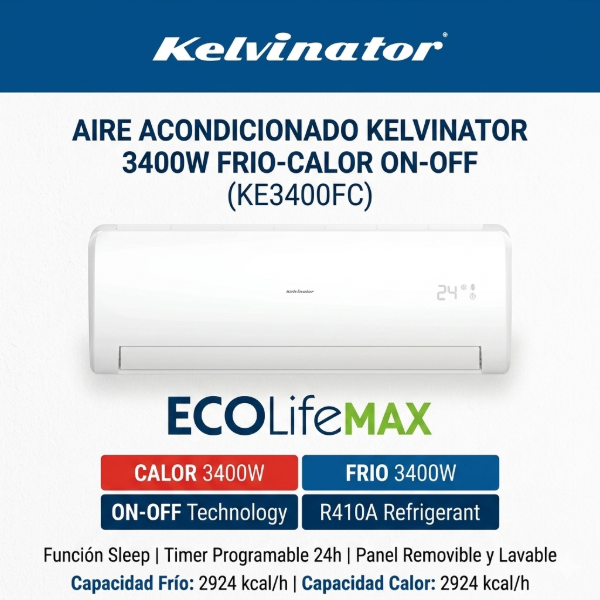 Producto - AIRE ACONDICIONADO KELVINATOR 3400W FRIO-CALOR ON-OFF (KE3400FC)