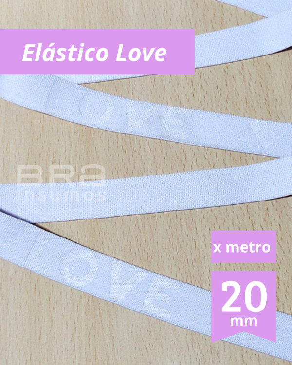 Producto - Elástico 20 mm con Relieve "Love" Blanco [Cintura, Bajobusto, Bretel] (x Metro)
