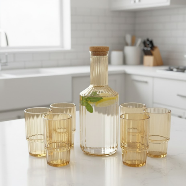 Producto - JARRA DE VIDRIO x6 VASOS DORADA TAPA DE CORCHO