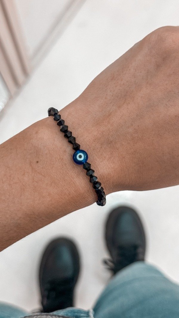Producto - Pulsera cristal cono ojo turco azul (negra-elastizada)