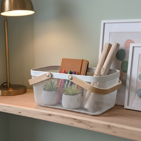 Producto - CANASTO ORGANIZADOR METALICO 40X25 MANIJAS DE BAMBOO