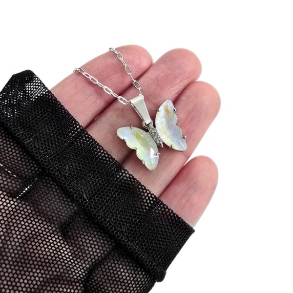 Producto - Collar Mariposa Blanca Tornazol en Acero Blanco