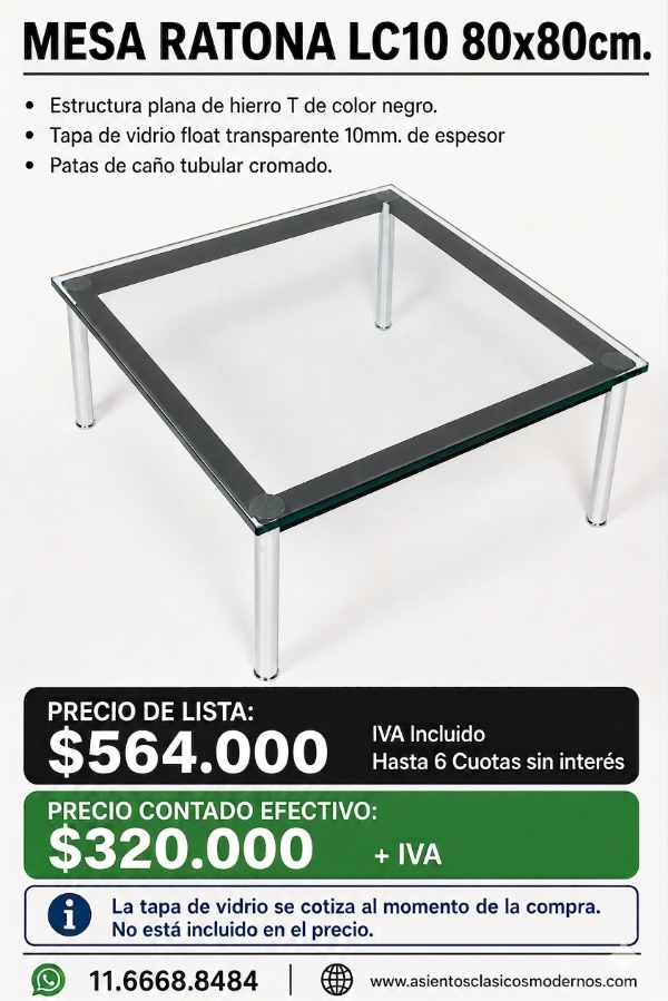 Producto - Mesa Ratona LC10 80x80, Patas Tubular Cromadas, Sin Vidrio!!