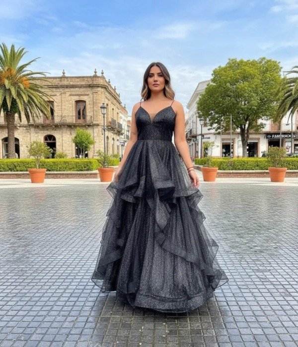 Vestido largo capas de tul con glitter Shara S39 — imagen 4