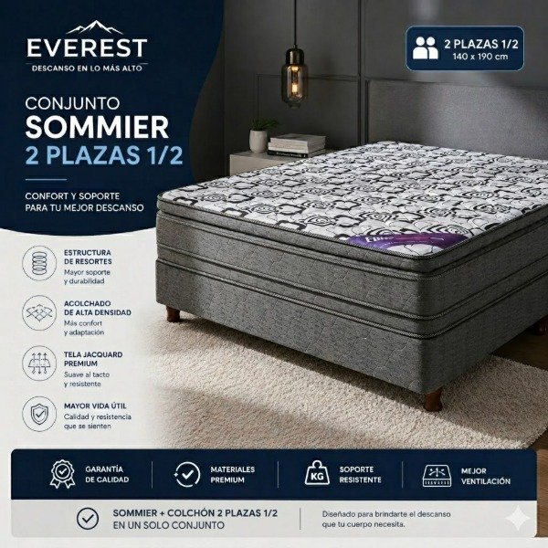 Producto - CONJUNTO SOMMIER EVEREST 1.90X1.40X 0.24 25KG DOBLE PILLOW