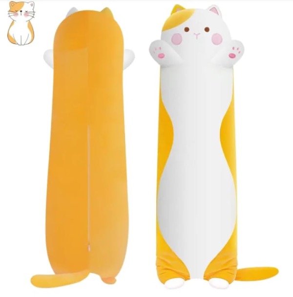 Producto - Peluche Gato. AMARILLO  Y BLANCO  Largo Grande Almohada 80 Cm Kawaii