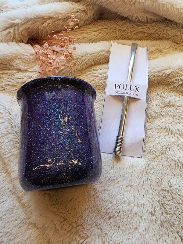 Producto - Mate metalico con bombilla - Glitter violeta galaxia holo