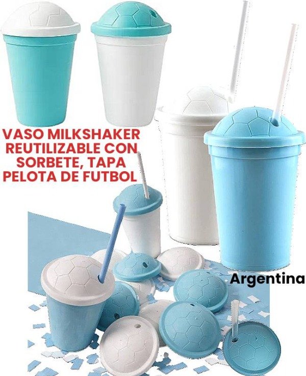 Producto - Vaso MILKSHAKER pelota de futbol argentina 13x8cm 300cc incluye sorbete