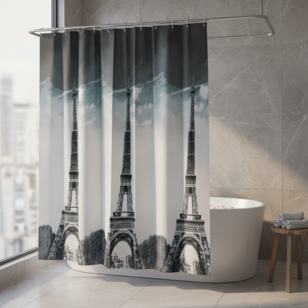 Producto - Cortina para Baño de Raso Teflonada Estampada + Ganchos "Torre Eiffel París"