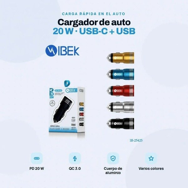 Producto - Cargador para Auto 20W con USB + Tipo c Ibek IB 25425 Amarillo - 3