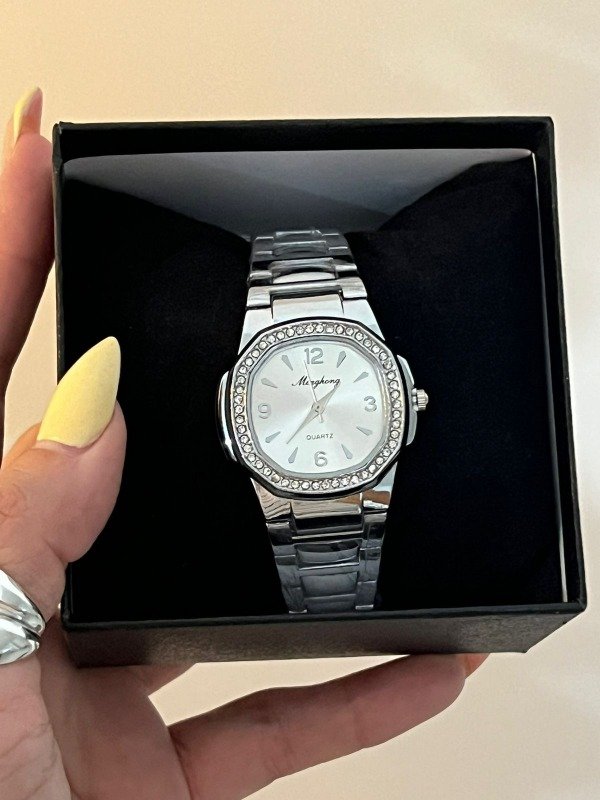 Producto - SET DE RELOJ PLATEADO CON BRILLOS+CAJA