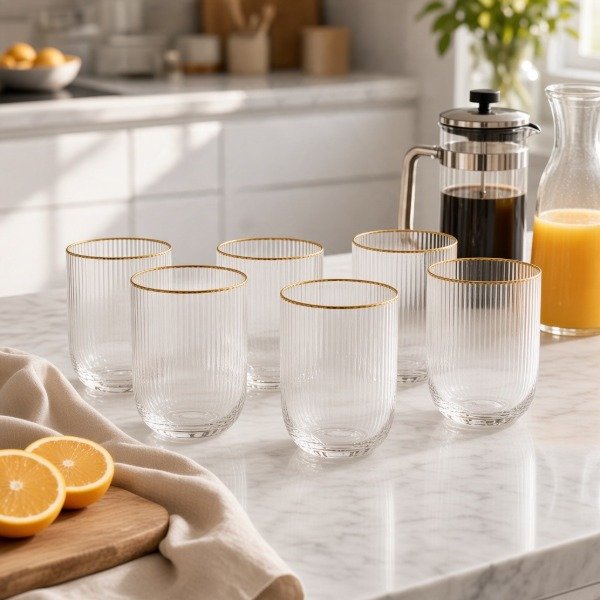 Producto - SET DE 6 VASOS RAYADOS CON BORDE DORADO DE VIDRIO EN CAJA 9X7CM - 1