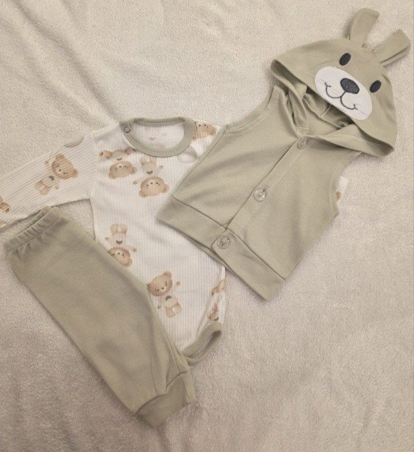 Producto - Conjunto de 3 Piezas para Bebé Body, Pantalón y Chaleco con Capucha - 1