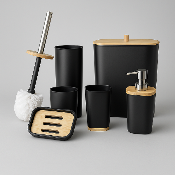 Producto - Set completo 6 piezas de baño bambu plástico negro