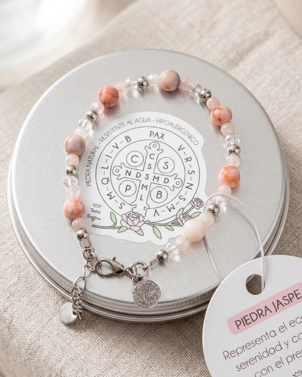 Producto - Pulsera Acero Leonella (Jaspe + Cuarzo Rosa + Dije Acero San Benito) - 1
