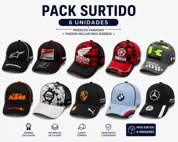 Producto - pack Auto Moto mayorista surtido por 6 gorras premium, importado