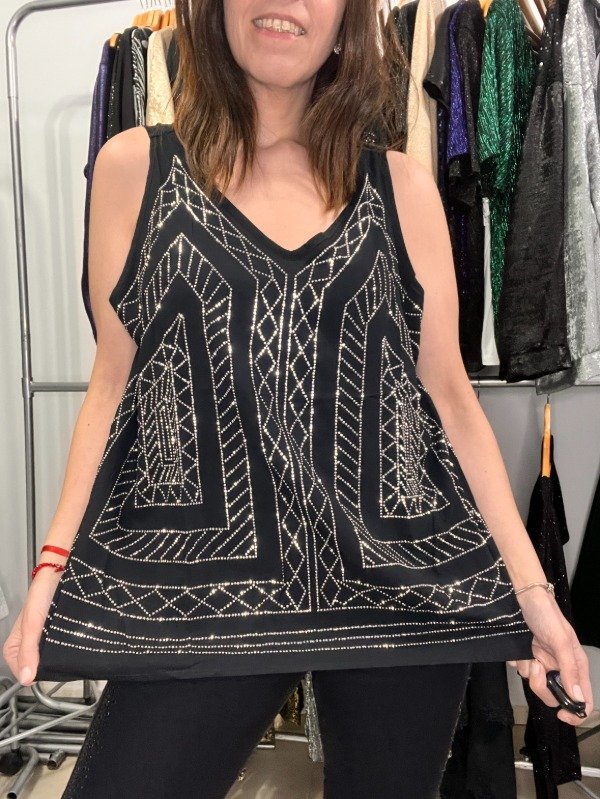 Producto - Musculosa Negra Strass Brillos  Importada 120 Cm contorno 42.000 Transf