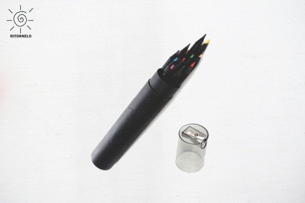 Producto - Tubo con 12 lápices eco de colores de madera negra (Tapa sacapuntas)